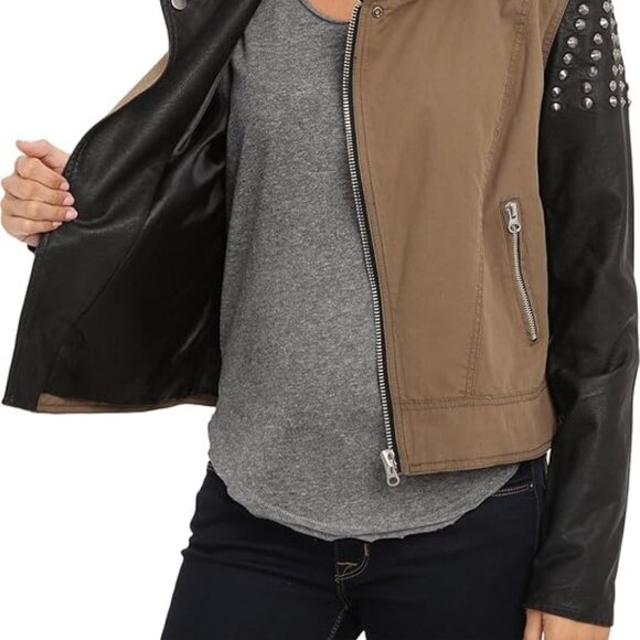 Volcom NEW Metallic Studs MOTO Jacket Faux Leather Sleeves Cotton Bomber Women's - Picture 9 of 17